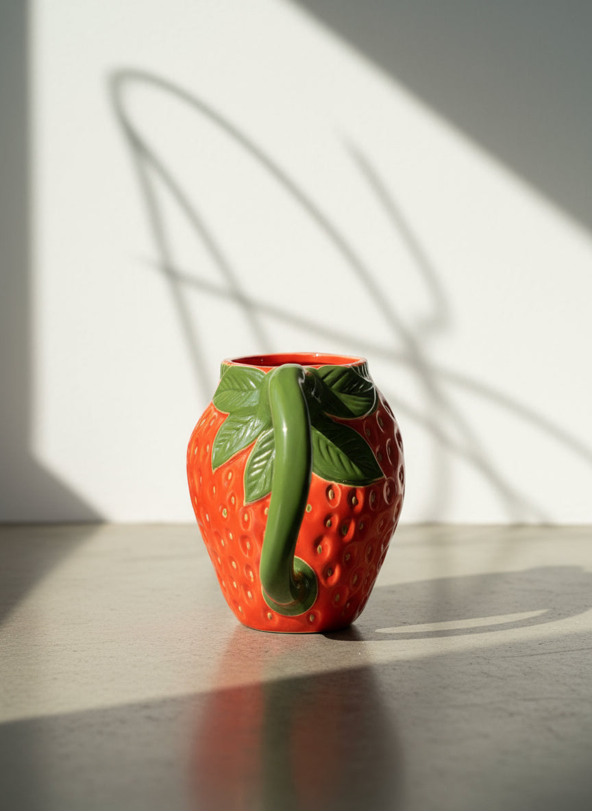 Close-up of ceramic strawberry watering can showing hand-painted seed texture and glossy red finish — Hommes and Gardens, Home Decor Collection, landscape design, plant design, Landscape Architect, Interior Designer, Outdoor Living, Outdoor Decorations, Home Design, Luxury Design, Art, Furniture, Objects, Best Gifts, Nature, Backyard, Yard.