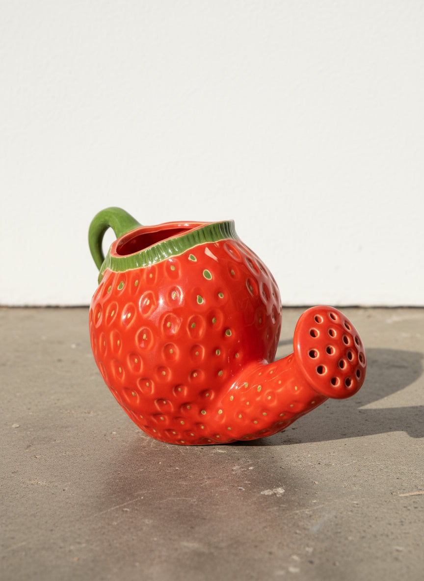 Side view of hand-painted ceramic strawberry watering can showing curved green handle and perforated spout — Hommes and Gardens, Home Decor Collection, landscape design, plant design, Landscape Architect, Interior Designer, Outdoor Living, Outdoor Decorations, Home Design, Luxury Design, Art, Furniture, Objects, Best Gifts, Nature, Backyard, Yard.