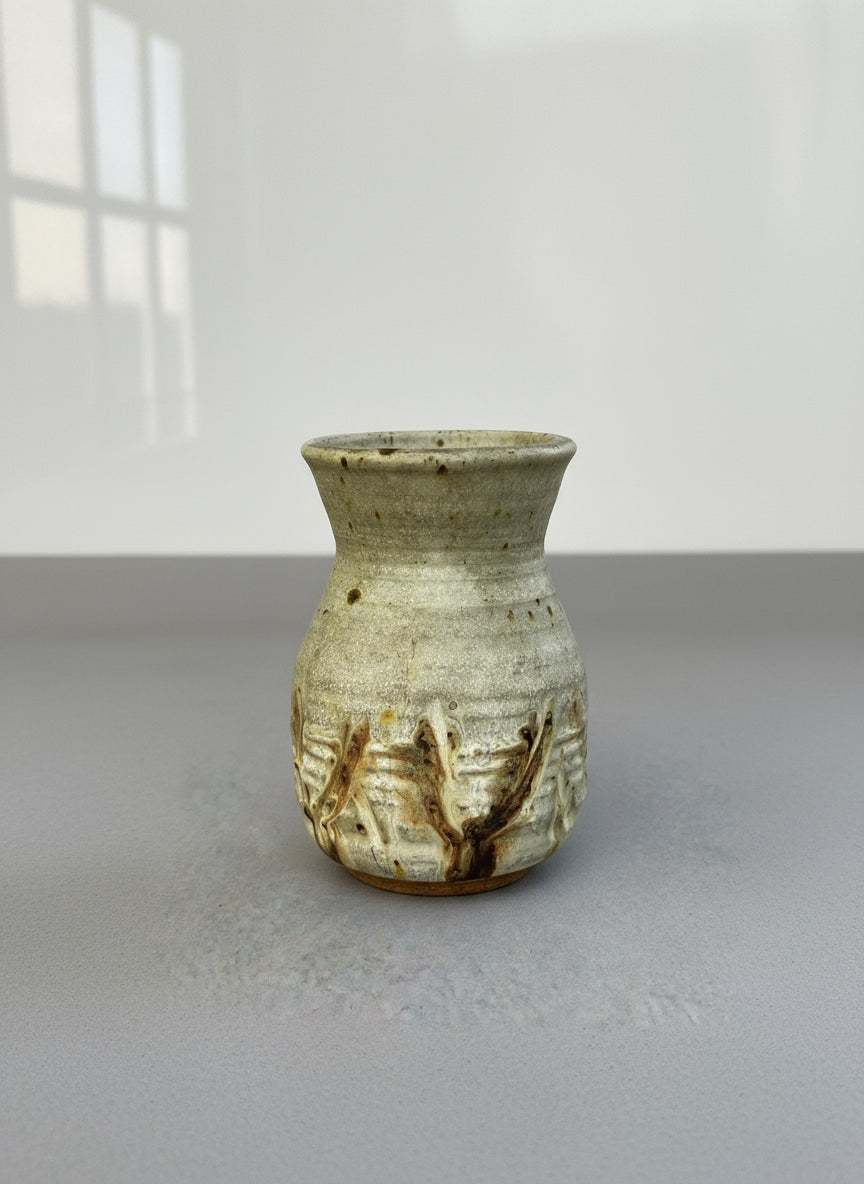Hand-thrown studio pottery vase signed A.G.E. with textured abstract banding and beige-grey glaze accented in ash brown, handcrafted ceramic art — Hommes and Gardens, Home Decor Collection, landscape design, plant design, Landscape Architect, Interior Designer, Outdoor Living, Outdoor Decorations, Home Design, Luxury Design, Art, Furniture, Objects, Best Gifts, Nature, Backyard, Yard.