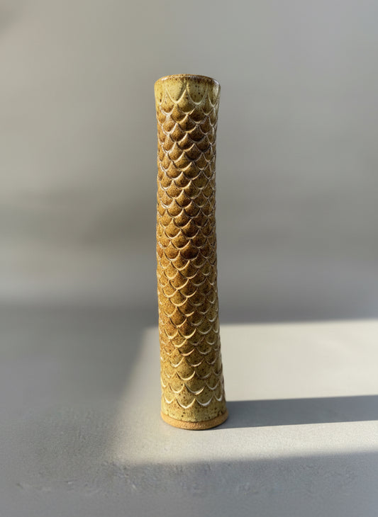 Tall hand-glazed ceramic vase with fish scale relief texture, signed A.G.E., featuring earthy mottled tones and cylindrical studio pottery design — Hommes and Gardens, Home Decor Collection, landscape design, plant design, Landscape Architect, Interior Designer, Outdoor Living, Outdoor Decorations, Home Design, Luxury Design, Art, Furniture, Objects, Best Gifts, Nature, Backyard, Yard.