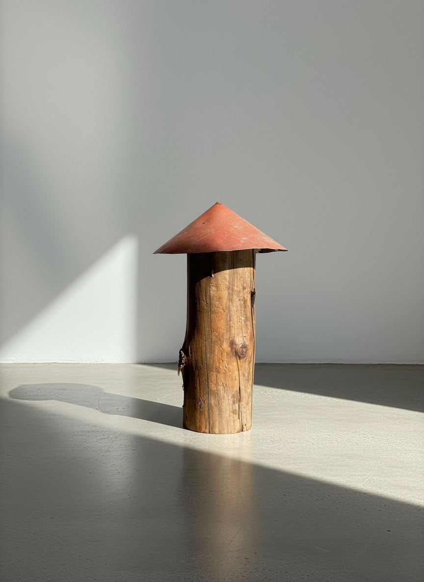 Tall red metal-roof mushroom sculpture handcrafted from weathered wood with visible knots and patina, featuring rustic primitive folk art design and reclaimed craftsmanship — Hommes and Gardens, Home Decor Collection, landscape design, plant design, Landscape Architect, Interior Designer, Outdoor Living, Outdoor Decorations, Home Design, Luxury Design, Art, Furniture, Objects, Best Gifts, Nature, Backyard, Yard.