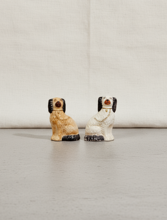 Victorian pair of Staffordshire dog figurines, hand-painted with copper lustre detailing and intricate fur texture, fine 19th-century English collectibles — Hommes and Gardens, Home Decor Collection, Antique Figurines, Staffordshire Pottery, Victorian Decor, Collectible Ceramics, Classic Home Styling.