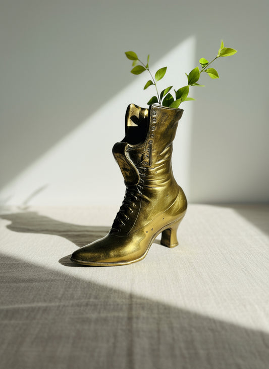 Vintage Victorian-style cast brass boot planter, ornate design with golden patina, ideal as a decorative window planter or collectible object — Hommes and Gardens, Pots + Vessels Collection, Decorative Objects, Antiques, landscape design, plant design, Landscape Architect, Interior Designer, Outdoor Living, Outdoor Decorations, Home Design, Luxury Design, Art, Furniture, Objects, Best Gifts, Nature, Backyard, Yard.
