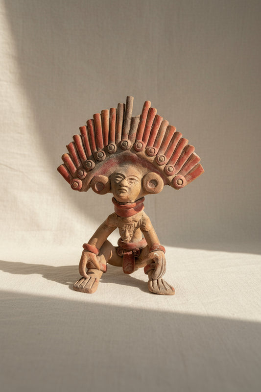Vintage Aztec Mayan tribal figure handcrafted from clay terracotta, inspired by ancient Mesoamerican art and cultural symbolism — Hommes and Gardens, Home Decor Collection, Sculptures & Statues, Vintage Pottery, Tribal Art, Mexican Folk Decor, Cultural Sculpture, Handmade Ethnic Object.