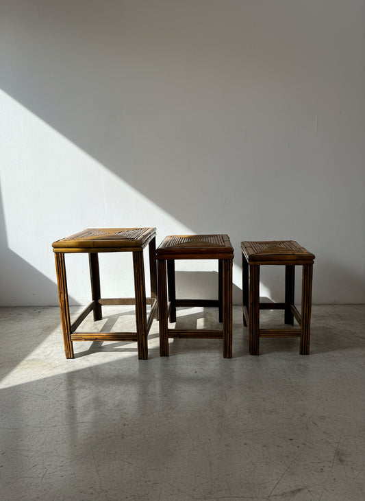 Vintage bamboo and rattan nesting tables set of three with handwoven lattice tops and honey-brown patina, mid-century tropical boho furniture perfect for side tables or plant stands — Hommes and Gardens, Furniture Collection, Home Decor, Landscape Architect, Interior Designer, Outdoor Living, Outdoor Decorations, Home Design, Luxury Design, Art, Furniture, Objects, Best Gifts, Nature, Backyard, Yard.