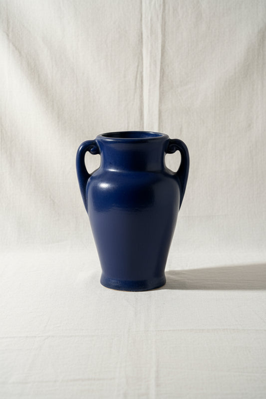 Vintage blue clay vase in classic urn style, handcrafted with rustic elegance and functional handles, perfect for floral or decorative use — Hommes and Gardens, Pots + Vessels Collection, Vases, Vintage Pottery, Handmade Decor, Rustic Home Accessories, Classic Clay Art, Timeless Interior Accent.