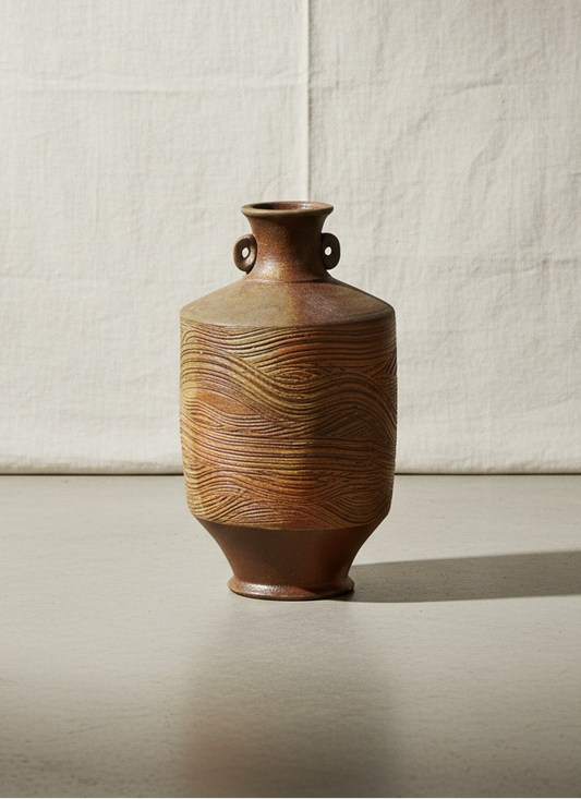 Vintage brown wooden grain etched salt-glazed stoneware jug with handles, signed by artisan, showcasing intricate carved detailing and rustic craftsmanship — Hommes and Gardens, Home Decor Collection, Serving Pitchers & Carafes, Vintage Pottery, Handmade Stoneware, Rustic Decor, Artisan Pottery, Collectible Ceramic Art.