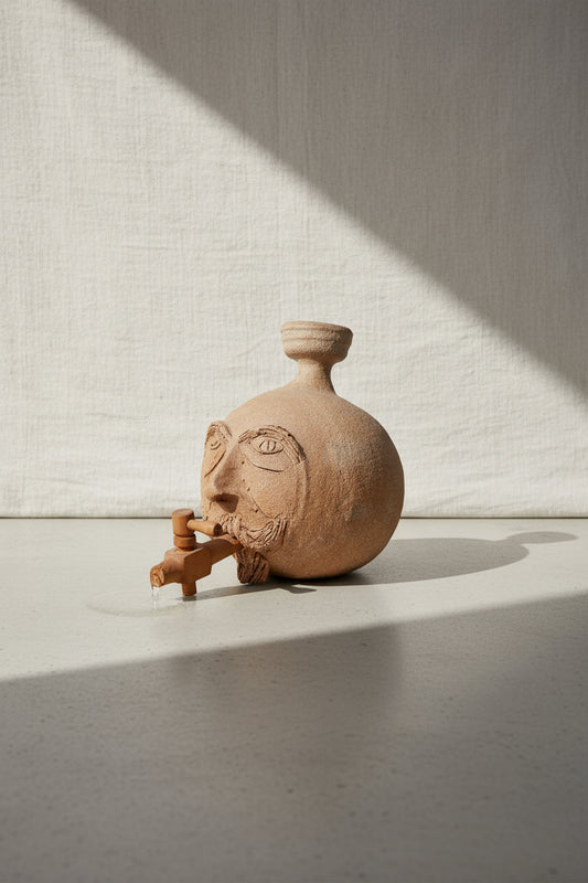 Vintage ceramic face water dispenser handcrafted with sculptural precision and unglazed finish, merging artistry with functionality — Hommes and Gardens, Home Decor Collection, Water Dispensers, Vintage Pottery, Ceramic Sculpture, Artistic Home Accent, Functional Art, Handmade Decor.
