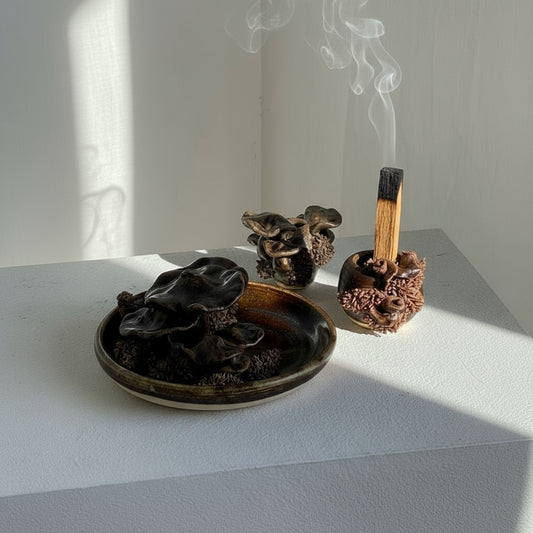 Set of three vintage ceramic decor pieces including a mushroom centerpiece, brown fungi candle holder, and porcelain coral bowl — Hommes and Gardens, Home Decor Collection, Candles, Decorative Objects, Pottery Art, Nature Inspired Decor, Artistic Interiors.