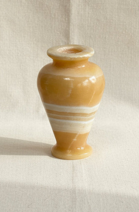 Vintage Egyptian onyx marble alabaster stone vase in honey beige and white tones, reflecting ancient Egyptian artistry and timeless craftsmanship — Hommes and Gardens, Pots + Vessels Collection, Vases, Vintage Stone Art, Alabaster Decor, Onyx Pottery, Cultural Home Accent, Handcrafted Sculpture.