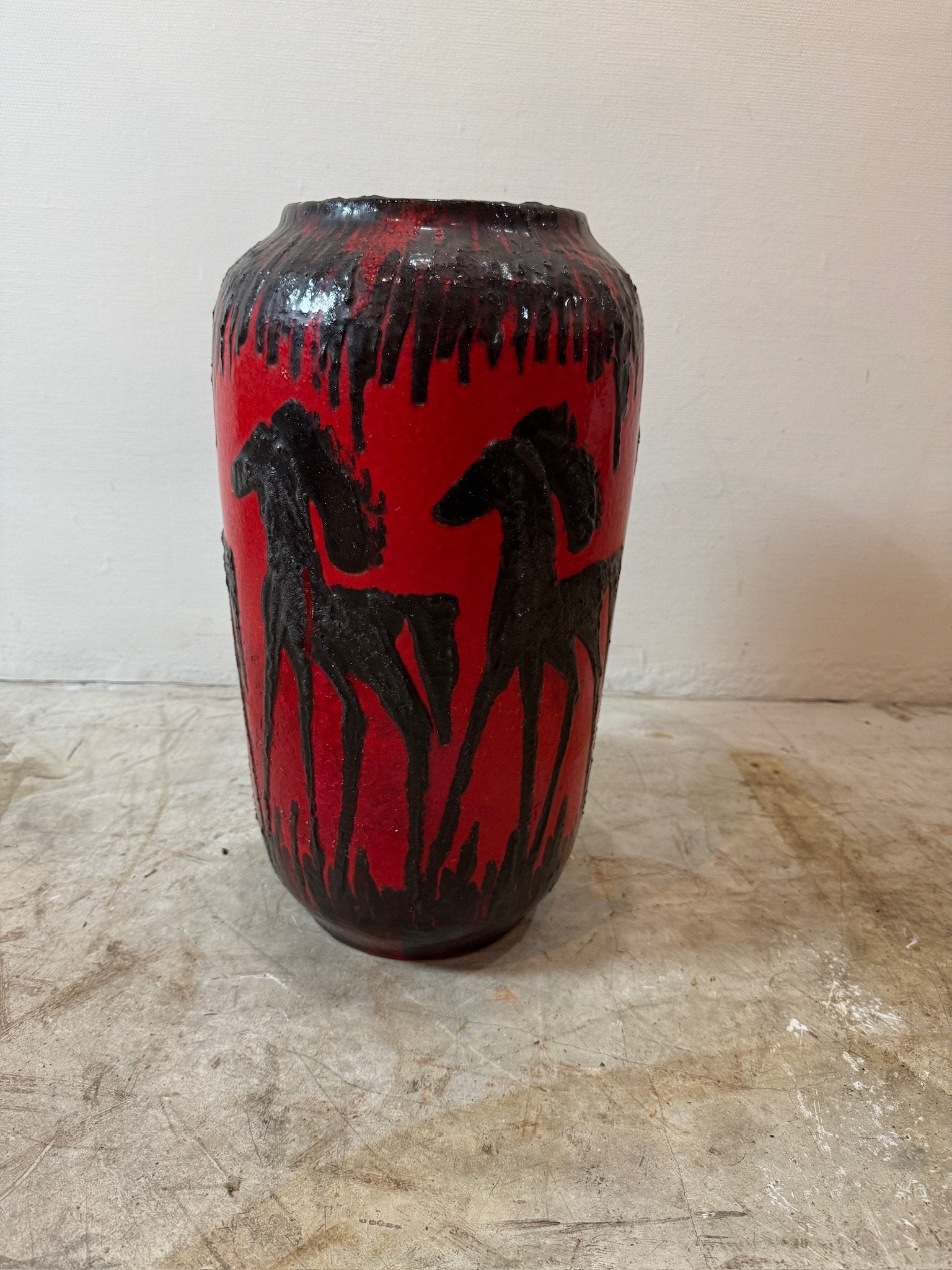 Vintage Fat Lava vase by Scheurich, West German ceramic in deep red and black glaze with raised equine patterns — Hommes and Gardens, Home Decor Collection, Fat Lava Pottery, Mid-Century Decor, Collectible Art, Designer Interiors.