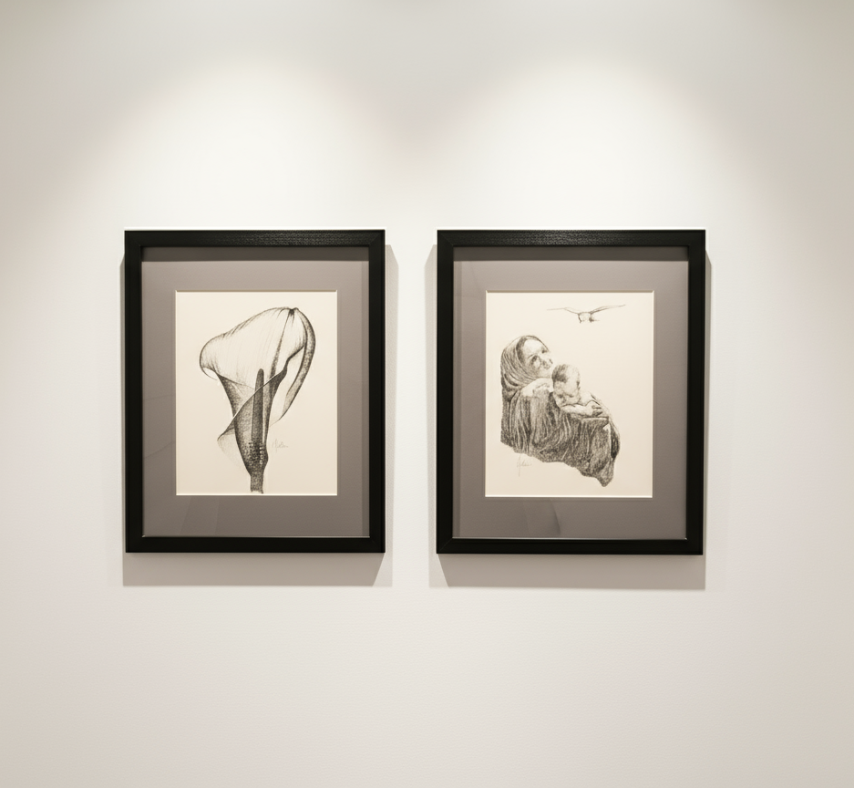 Vintage framed wall art set of two pieces featuring black and white images — one of a woman with a child and the other a calla lily flower, elegant and timeless decor for home or office — Hommes and Gardens, Wallscape Collection, Wall Art, Vintage Decor, Framed Artwork, Monochrome Design, Classic Home Accessories, Artistic Wall Pieces.