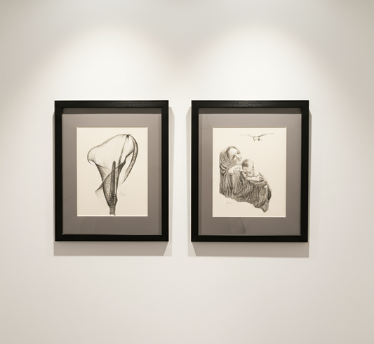 Vintage framed wall art set of two pieces featuring black and white images — one of a woman with a child and the other a calla lily flower, elegant and timeless decor for home or office — Hommes and Gardens, Wallscape Collection, Wall Art, Vintage Decor, Framed Artwork, Monochrome Design, Classic Home Accessories, Artistic Wall Pieces.