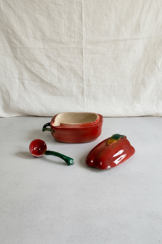 Vintage hand-painted chili pepper salsa bowl and spoon 3-piece set, rustic ceramic kitchen decor with artisanal charm — Hommes and Gardens, Home Decor Collection, Decorative Bowls, Vintage Pottery, Handcrafted Kitchenware, Mexican Style Decor, Colorful Tableware, Ceramic Art.