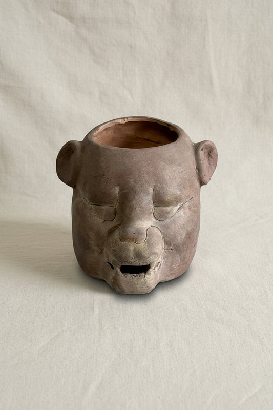 Vintage jaguar pot crafted in the style of ancient Zoomorphic pottery from Tabasco, inspired by Olmec and Mayan ceremonial art — Hommes and Gardens, Home Decor Collection, Pots + Vessels, Sculptures & Statues, Vintage Pottery, Mesoamerican Art, Cultural Decor, Collectible Ceramics.