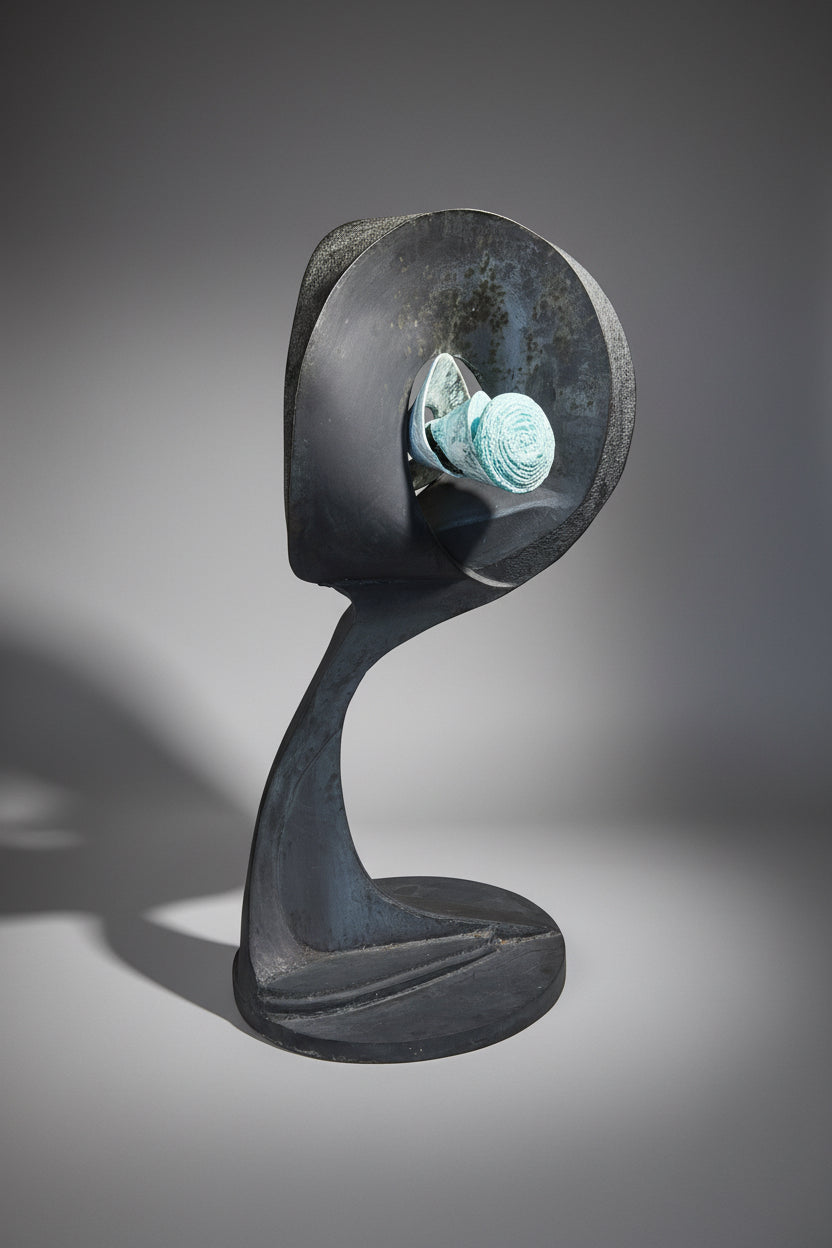 Vintage large iron abstract sculpture in black and turquoise tones, handcrafted metal art for garden or interior display — Hommes and Gardens, Home Decor Collection, Sculptures & Statues, Vintage Metal Art, Modern Abstract Design, Garden Decor, Collectible Artwork.