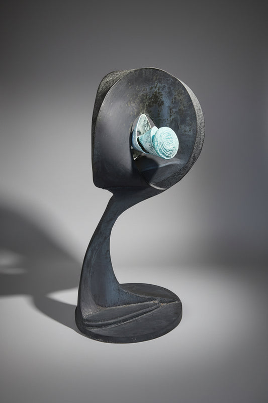 Vintage large iron abstract sculpture in black and turquoise tones, handcrafted metal art for garden or interior display — Hommes and Gardens, Home Decor Collection, Sculptures & Statues, Vintage Metal Art, Modern Abstract Design, Garden Decor, Collectible Artwork.