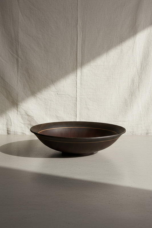 Vintage mahogany wooden bowl crafted from solid wood with a rich dark brown finish and golden inner ring — Hommes and Gardens, Home Decor Collection, Decorative Bowls, Wooden Serveware, Rustic Interior Design, Vintage Tableware, Handcrafted Wood Decor.