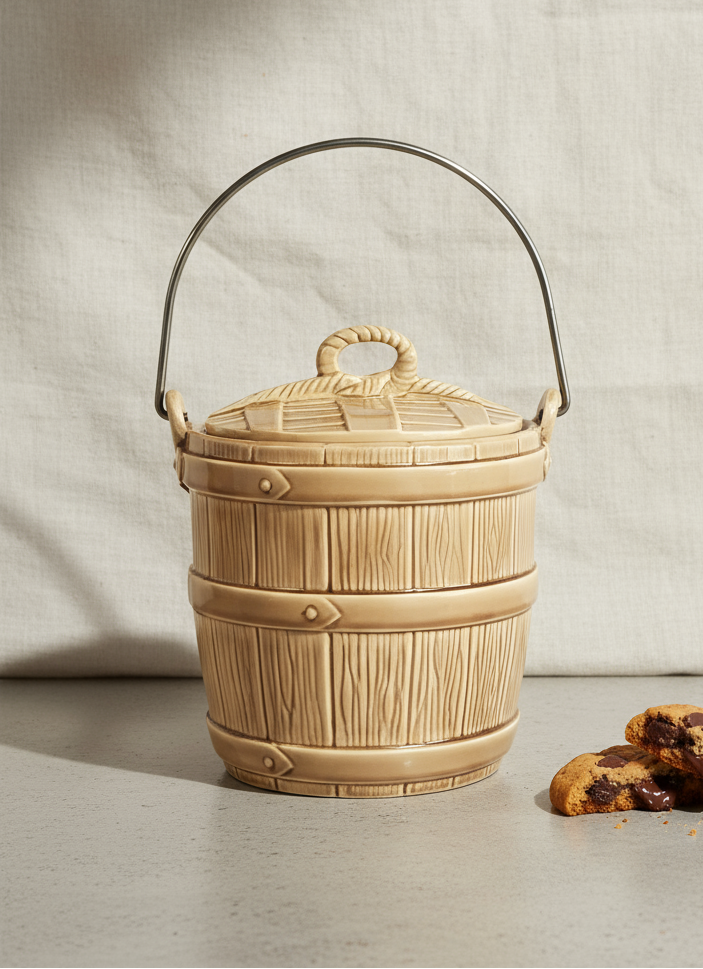 Vintage McCoy bucket cookie jar in ceramic pottery with lid and handle, a charming collectible combining functionality and nostalgia — Hommes and Gardens, Home Decor Collection, Cookie Jars, Vintage Pottery, Kitchen Storage, Retro Decor, Collectible Ceramics, American Pottery.