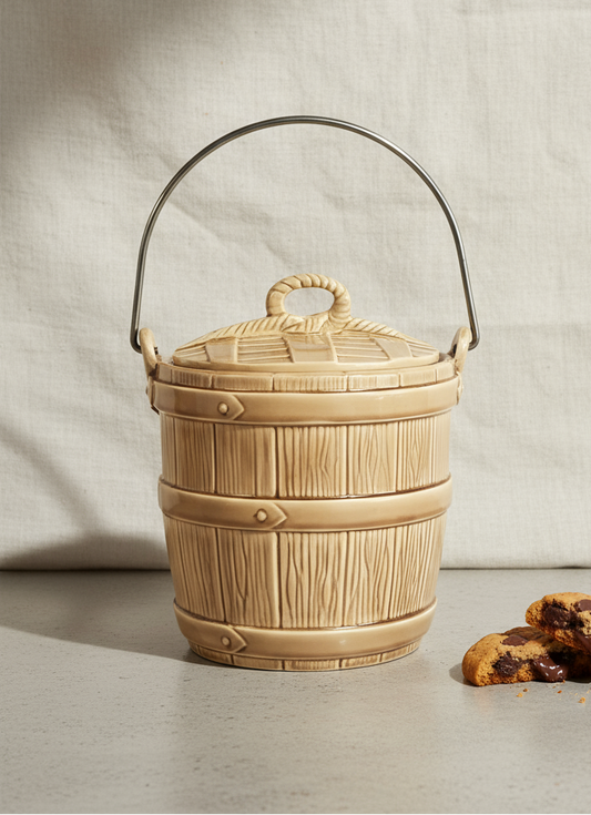 Vintage McCoy bucket cookie jar in ceramic pottery with lid and handle, a charming collectible combining functionality and nostalgia — Hommes and Gardens, Home Decor Collection, Cookie Jars, Vintage Pottery, Kitchen Storage, Retro Decor, Collectible Ceramics, American Pottery.