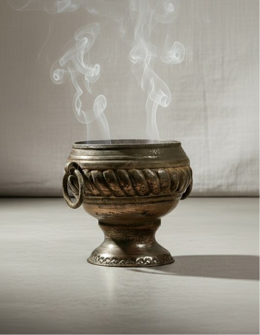 Vintage metal incense urn featuring intricate detailing and classic antique finish, a decorative holder perfect for adding warmth and charm to interiors — Hommes and Gardens, Home Decor Collection, Candles, Incense Holders, Decorative Objects, Vintage Metal Decor, Antique Home Accent, Rustic Aromatherapy Accessory.