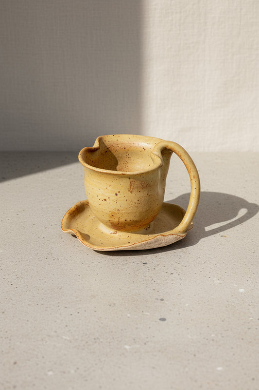 Vintage beige pinched ceramic gravy bowl with handle and attached plate base, a timeless handcrafted pottery piece for classic tableware styling — Hommes and Gardens, Home Decor Collection, Serveware, Art Pottery, Vintage Ceramic, Handmade Pottery, Beige Tableware, Retro Kitchen Decor, Collec