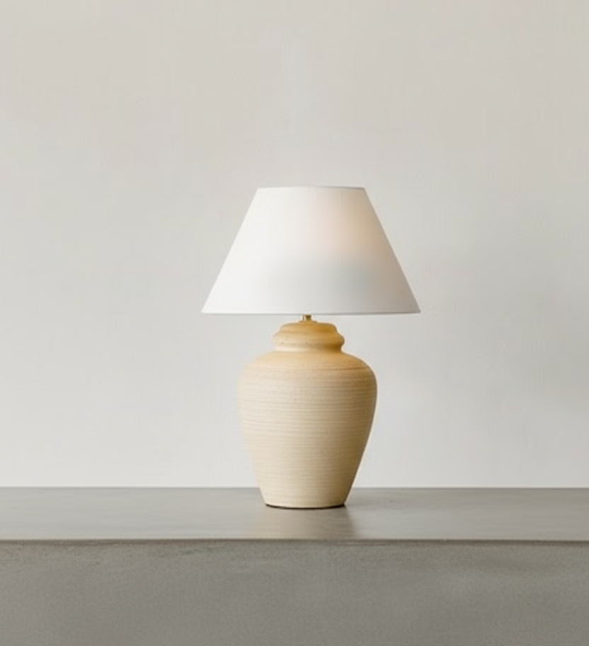Vintage plaster table lamp with textured body and neutral tone, featuring mid-century design ideal for modern or rustic interiors — Hommes and Gardens, Lighting Collection, Table Lamps, Decorative Objects, Vintage Decor, Mid Century Modern, Textured Plaster Lamp, Classic Home Accent, Minimalist Lighting Design.