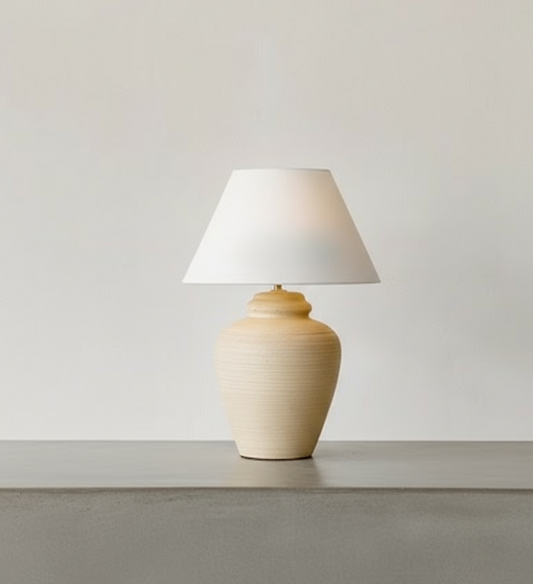 Vintage plaster table lamp with textured body and neutral tone, featuring mid-century design ideal for modern or rustic interiors — Hommes and Gardens, Lighting Collection, Table Lamps, Decorative Objects, Vintage Decor, Mid Century Modern, Textured Plaster Lamp, Classic Home Accent, Minimalist Lighting Design.