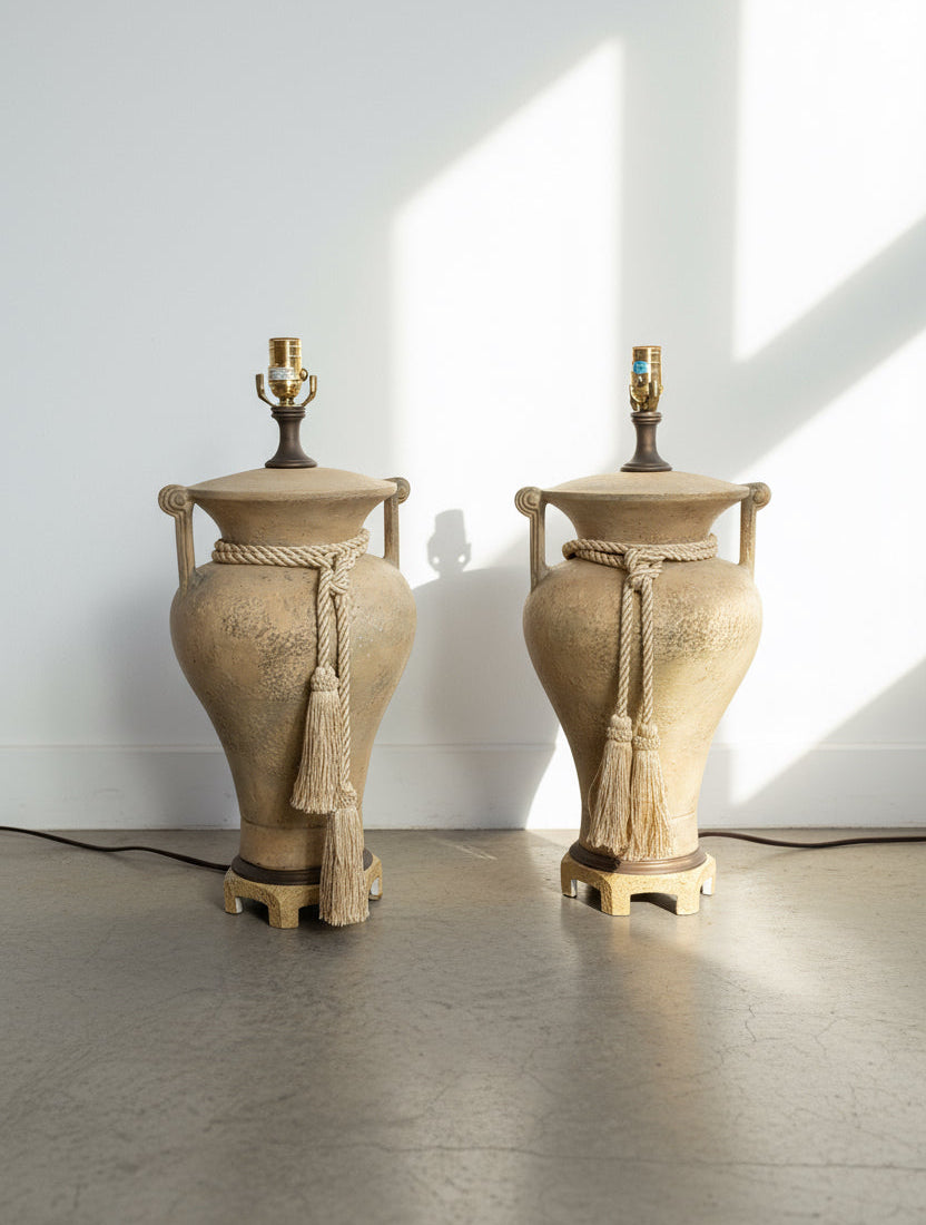Pair of vintage porcelain Chinoiserie ginger jar table lamps in beige tones with ornate rope details and wooden bases, perfect for classic interiors — Hommes and Gardens, Lighting Collection, Home Decor, Antique Lamps, Traditional Style, Luxury Design, Interior Styling.