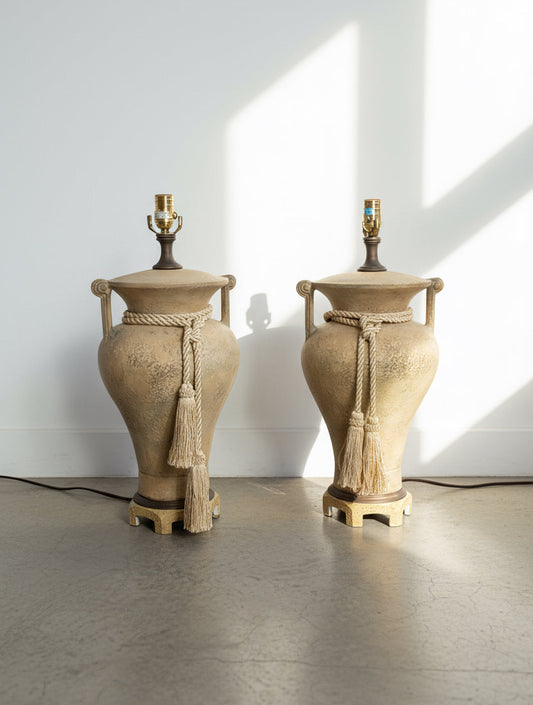 Pair of vintage porcelain Chinoiserie ginger jar table lamps in beige tones with ornate rope details and wooden bases, perfect for classic interiors — Hommes and Gardens, Lighting Collection, Home Decor, Antique Lamps, Traditional Style, Luxury Design, Interior Styling.