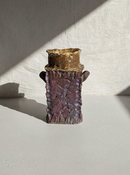 Vintage rustic pottery vase signed “Rikki,” featuring rich dark brown glaze, textured surface, and sturdy handles for earthy artisan charm — Hommes and Gardens, Pots and Vessels Collection, Vases, Art Pottery, Decorative Objects, Handmade Ceramic, Rustic Decor, Vintage Pottery, Artisan Home Accent, Collectible Vase.