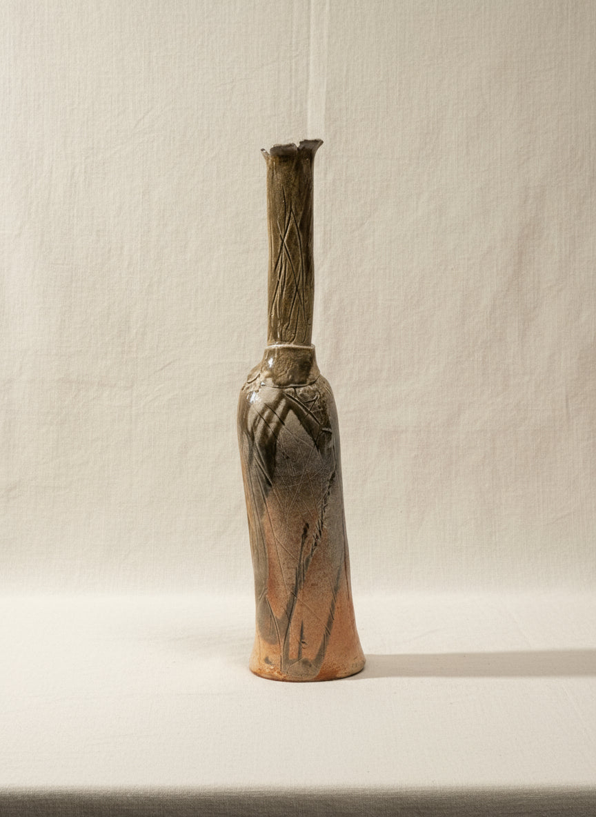 Vintage studio pottery freeform vase signed by the artist, handmade with earthy tones and organic bottle shape — Hommes and Gardens, Pots + Vessels Collection, Ceramic Art, Home Decor, Artistic Vase, Collectible Pottery, Interior Styling.