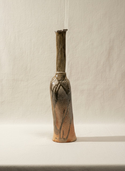 Vintage studio pottery freeform vase signed by the artist, handmade with earthy tones and organic bottle shape — Hommes and Gardens, Pots + Vessels Collection, Ceramic Art, Home Decor, Artistic Vase, Collectible Pottery, Interior Styling.