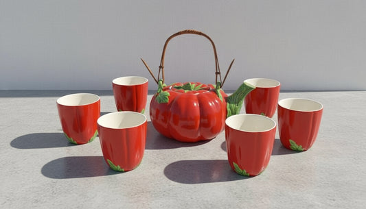 Vintage tomato tea set with teapot and six tea glasses, featuring playful tomato motifs and bright red design for a charming retro kitchen display — Hommes and Gardens, Home Decor Collection, Tea Sets, Decorative Objects, Art Pottery, Vintage Kitchenware, Retro Dining Decor, Collectible Ceramic Tableware, Playful Home Styling.