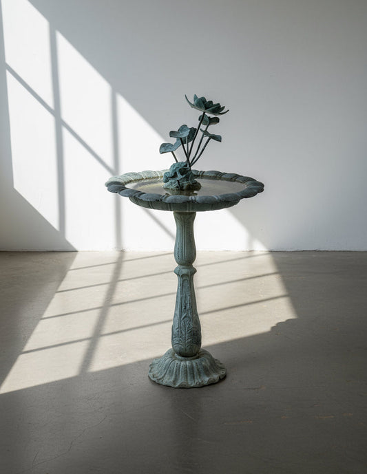 Vintage verdigris copper lily pad and frog fountain featuring botanical detailing and rich patina, a 1960s–1970s garden centerpiece full of charm and artistry — Hommes and Gardens, Garden Decor Collection, Fountains, Outdoor Living, Vintage Copper, Mid Century Garden Design, Sculptural Water Feature, Antique Fountain Art, Botanical Metalwork.