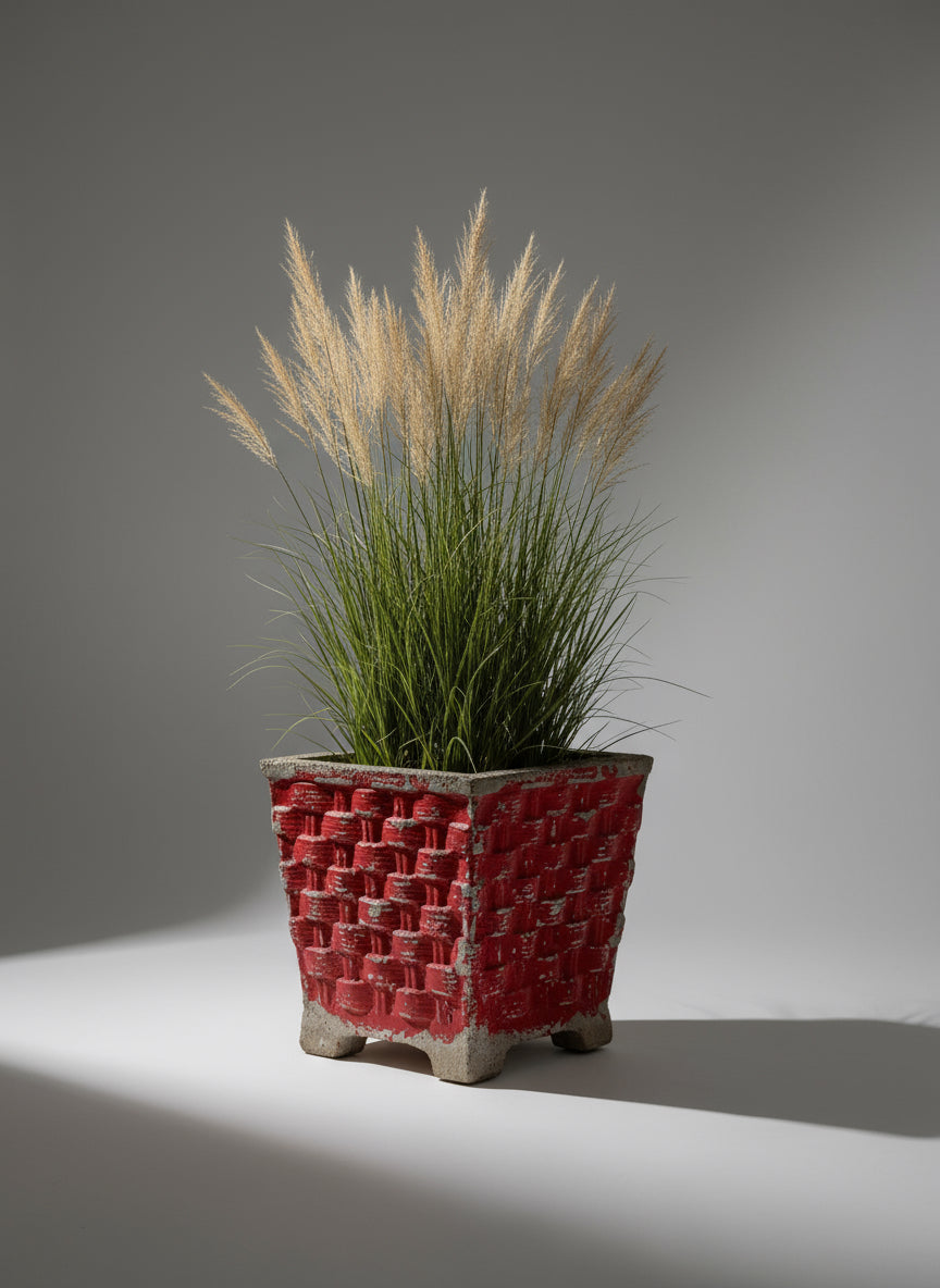 Vintage Willy Guhl basketweave concrete planter from the 1950s–1960s, featuring red patina and sculptural mid-century form, ideal for gardens or interiors — Hommes and Gardens, Pots and Vessels Collection, Planters, Designer Decor, Mid Century Style, Outdoor Planter, Fiber Cement Design, Industrial Aesthetic, Swiss Modernism, Collectible Art Object.