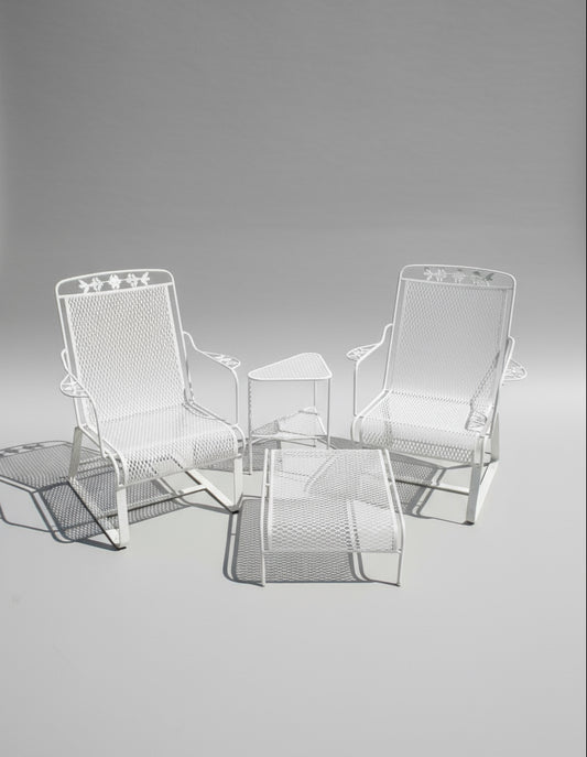 Vintage wrought iron patio set featuring dogwood rocker chairs, ottoman, and lily pad leaf table with aged patina — Hommes and Gardens, Furniture Collection, Landscape Architect, Interior Designer, Outdoor Living, Outdoor Decorations, Home Decor, Home Design, Luxury Design, Art, Furniture, Objects, Best Gifts, Nature, Backyard, Yard.