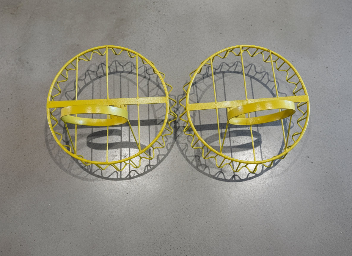 Top view of vintage yellow wire metal wall-mounted basket holders, set of two round frames with scalloped edges for planters or decor display — Hommes and Gardens, Home Decor Collection, Wallscape, landscape design, plant design, Landscape Architect, Interior Designer, Outdoor Living, Outdoor Decorations, Home Design, Luxury Design, Art, Furniture, Objects, Best Gifts, Nature, Backyard, Yard.