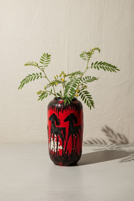 West German red Fat Lava horses vase by Scheurich, 1960s collectible ceramic with equine relief motifs and bold red glaze — Hommes and Gardens, Home Decor Collection, Vases, Vintage Pottery, Mid-Century Art, Fat Lava Series, Designer Decor.