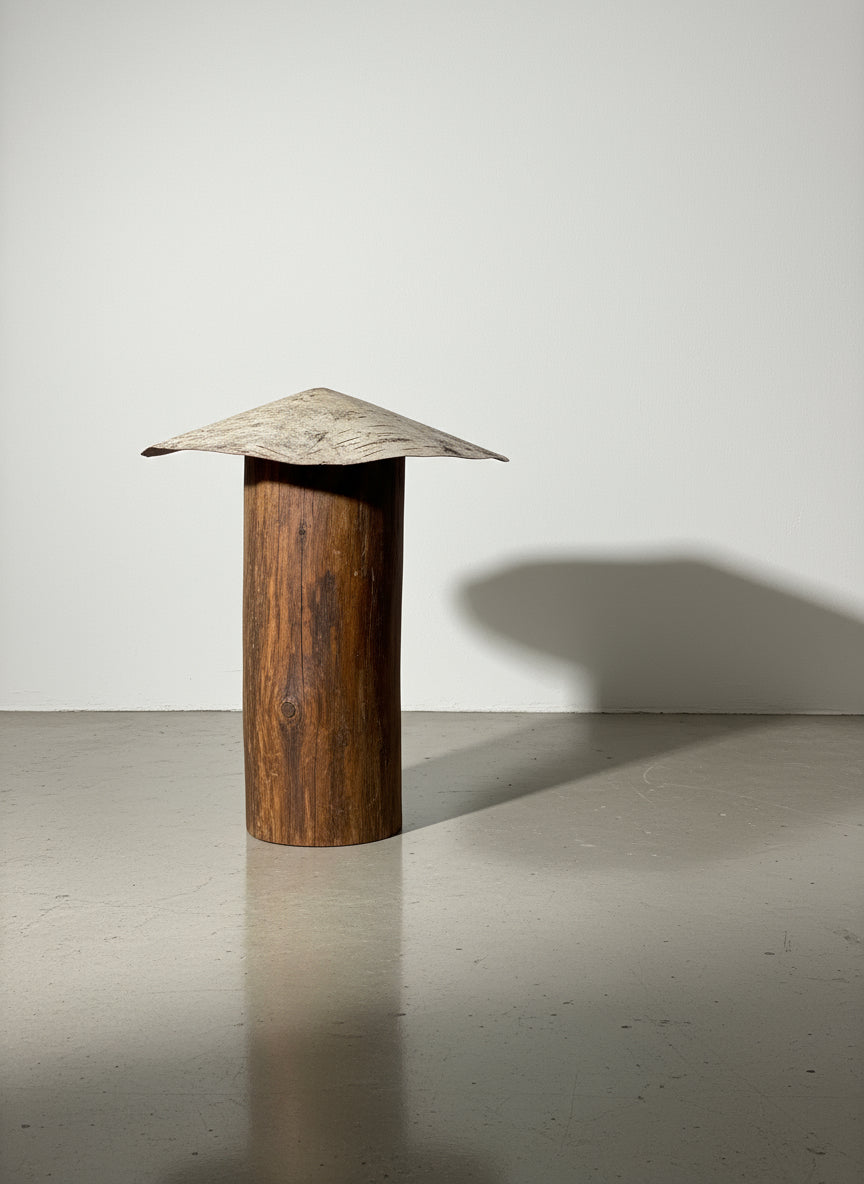 White-roof mushroom sculpture handcrafted from weathered wood with an aged metal top, featuring rustic primitive folk art design and reclaimed materials — Hommes and Gardens, Home Decor Collection, landscape design, plant design, Landscape Architect, Interior Designer, Outdoor Living, Outdoor Decorations, Home Design, Luxury Design, Art, Furniture, Objects, Best Gifts, Nature, Backyard, Yard.