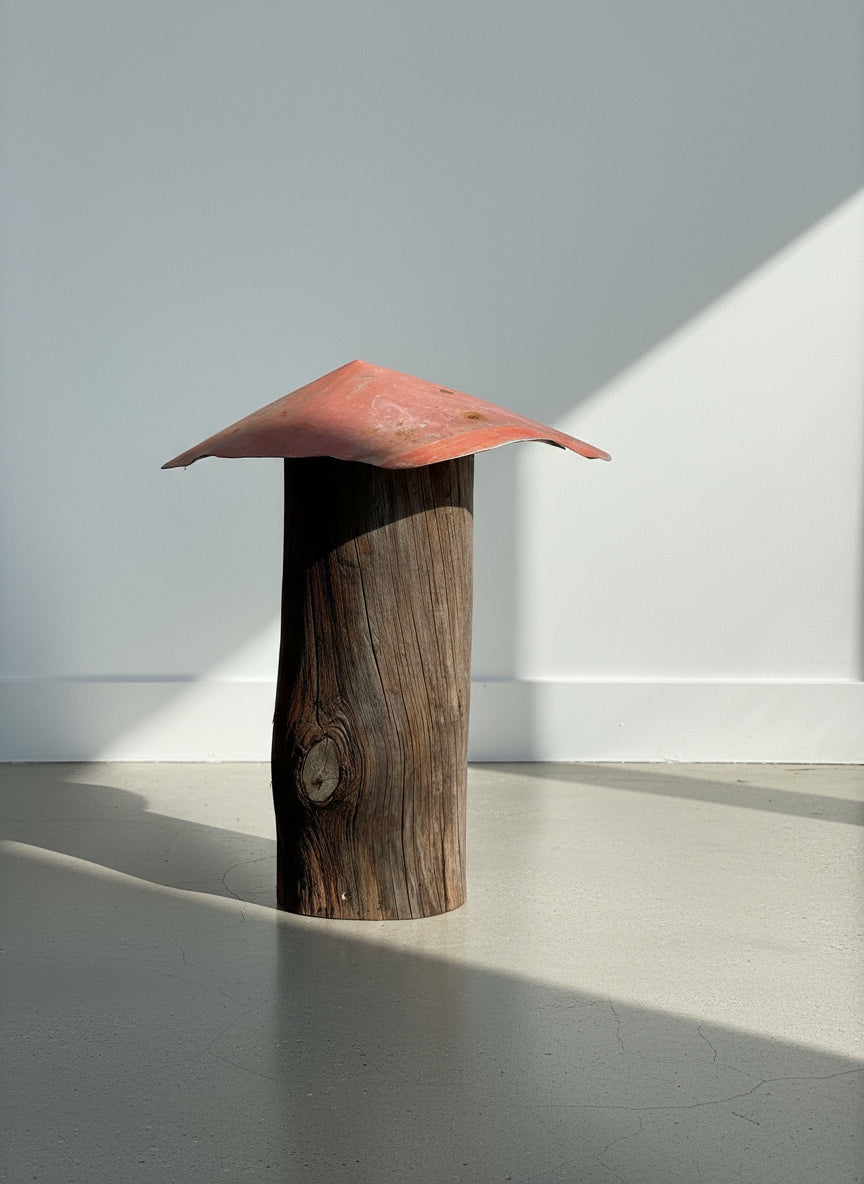 Wide-roof mushroom sculpture handcrafted from weathered wood with a broad red metal top, showcasing rustic primitive folk art and reclaimed design — Hommes and Gardens, Home Decor Collection, landscape design, plant design, Landscape Architect, Interior Designer, Outdoor Living, Outdoor Decorations, Home Design, Luxury Design, Art, Furniture, Objects, Best Gifts, Nature, Backyard, Yard