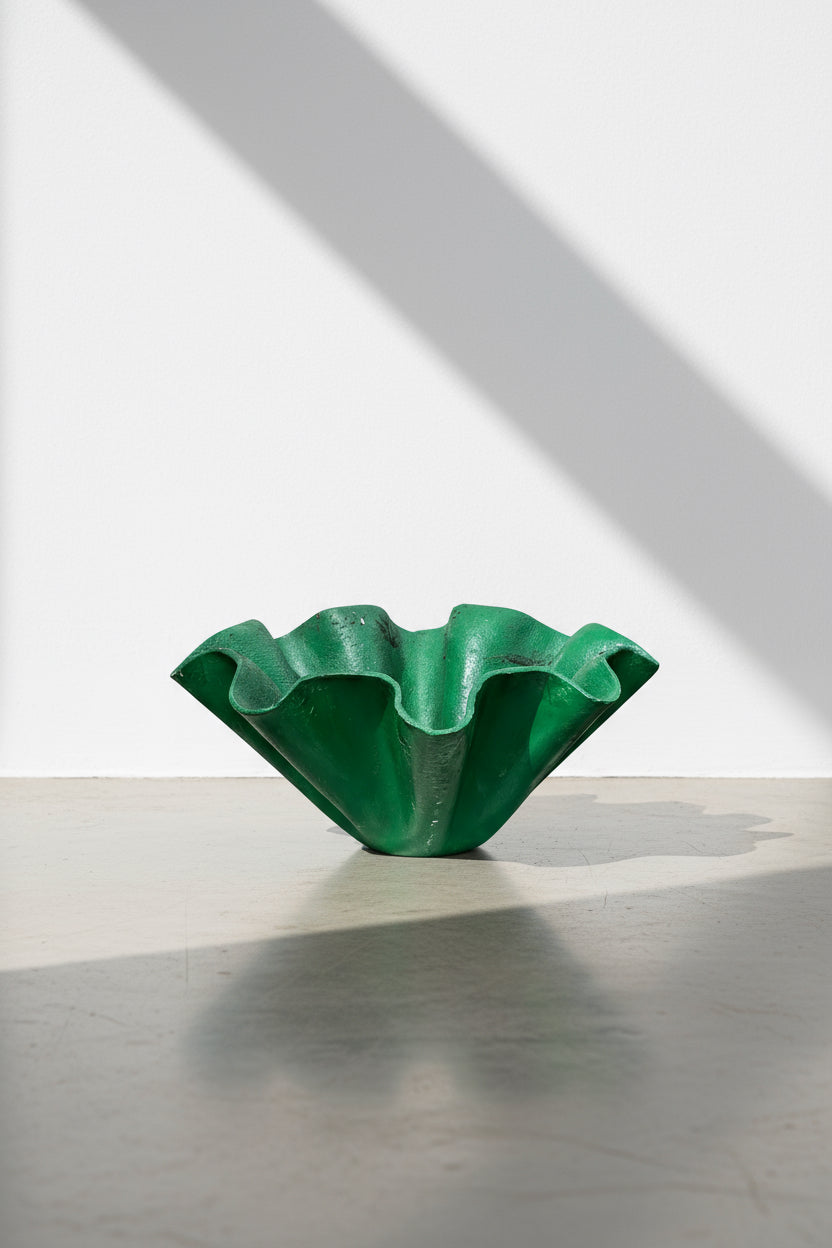 Willy Guhl style clam shell planter in bold green finish, a sculptural vintage concrete vessel blending artistic form with functional garden design — Hommes and Gardens, Pots and Vessels Collection, Vases, Planters, Designer Decor, Mid Century Modern, Vintage Concrete, Green Patina, Outdoor Living, Sculptural Home Accent, Architectural Garden Piece.