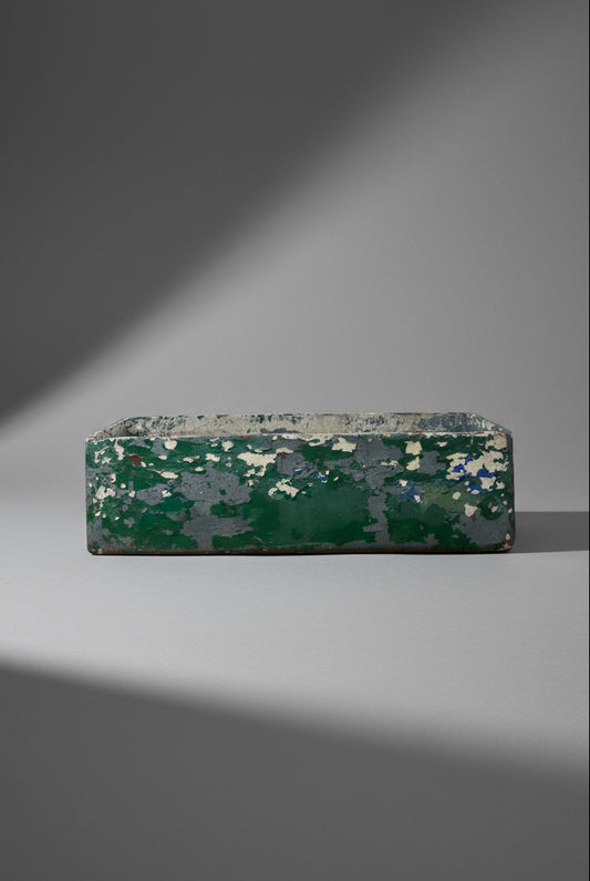 Willy Guhl vintage rectangular fiber cement planter crafted in Switzerland from Eternit material, featuring distressed green and white patina, mid-century modern collectible — Hommes and Gardens, Pots + Vessels Collection, Building and Garden Elements, Planters and Jardinieres, landscape design, plant design, Landscape Architect, Interior Designer, Outdoor Living, Outdoor Decorations, Home Design, Luxury Design, Art, Furniture, Objects, Best Gifts, Nature, Backyard, Yard.