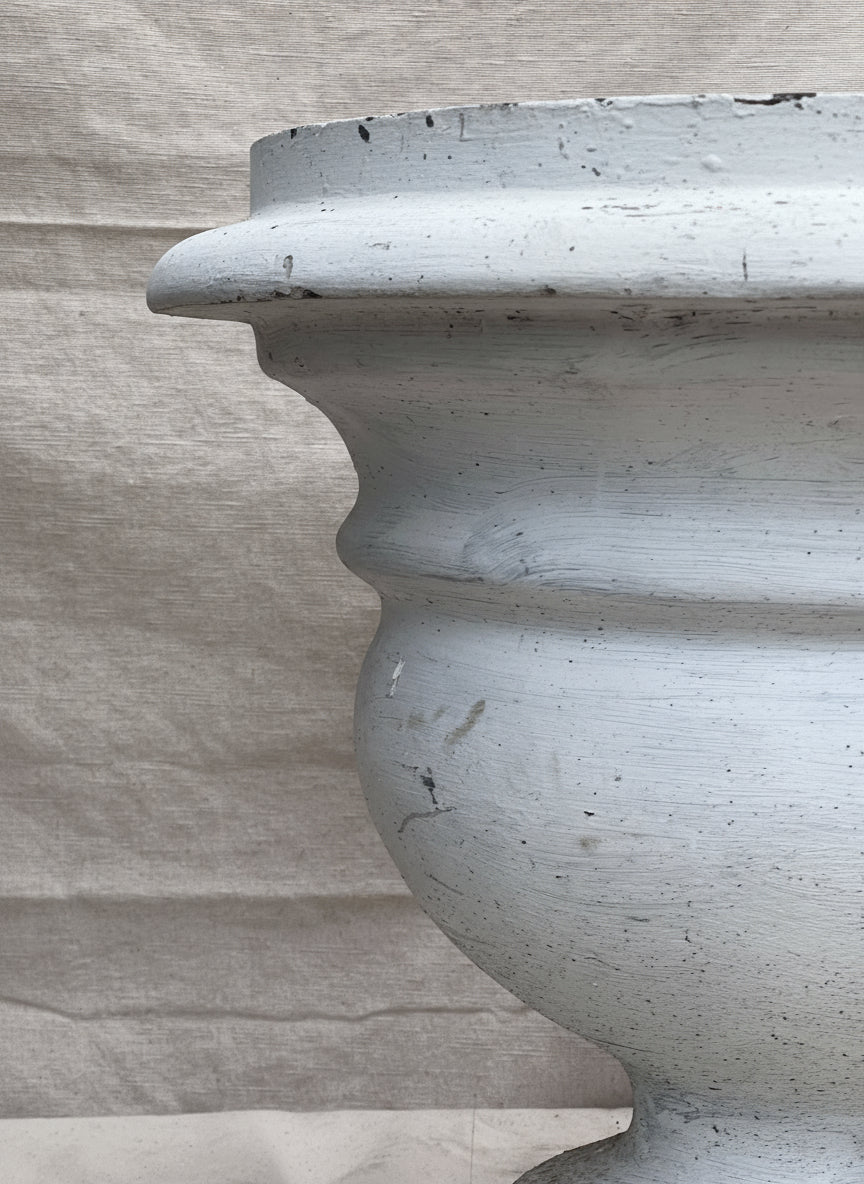 Willy Guhl vintage urn in white fiber cement with weathered patina, mid-century Swiss industrial design classic sought by collectors and designers — Hommes and Gardens, Pots + Vessels Collection, Planters, Urns, Home Decor, landscape design, plant design, Landscape Architect, Interior Designer, Outdoor Living, Outdoor Decorations, Home Design, Luxury Design, Art, Furniture, Objects, Best Gifts, Nature, Backyard, Yard.