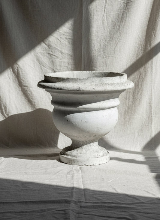 Willy Guhl vintage urn crafted from white fiber cement, featuring distinct weathered patina and minimalist Swiss design, collectible mid-century planter — Hommes and Gardens, Pots + Vessels Collection, Planters, Urns, Home Decor, landscape design, plant design, Landscape Architect, Interior Designer, Outdoor Living, Outdoor Decorations, Home Design, Luxury Design, Art, Furniture, Objects, Best Gifts, Nature, Backyard, Yard.