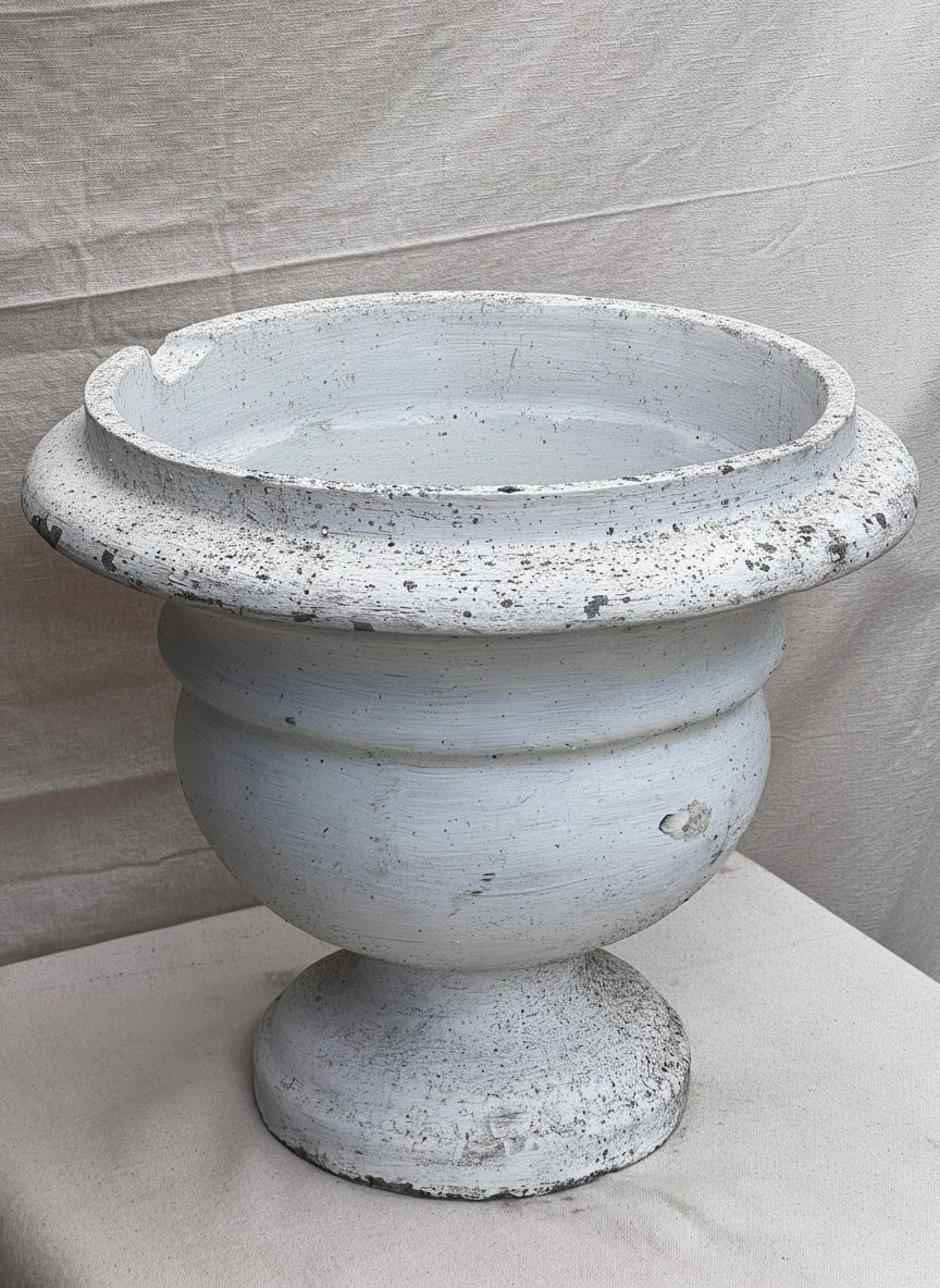 Vintage Willy Guhl white urn planter in fiber cement, showcasing weathered finish and modernist Swiss craftsmanship, ideal for garden or interior styling — Hommes and Gardens, Pots + Vessels Collection, Planters, Urns, Home Decor, landscape design, plant design, Landscape Architect, Interior Designer, Outdoor Living, Outdoor Decorations, Home Design, Luxury Design, Art, Furniture, Objects, Best Gifts, Nature, Backyard, Yard.