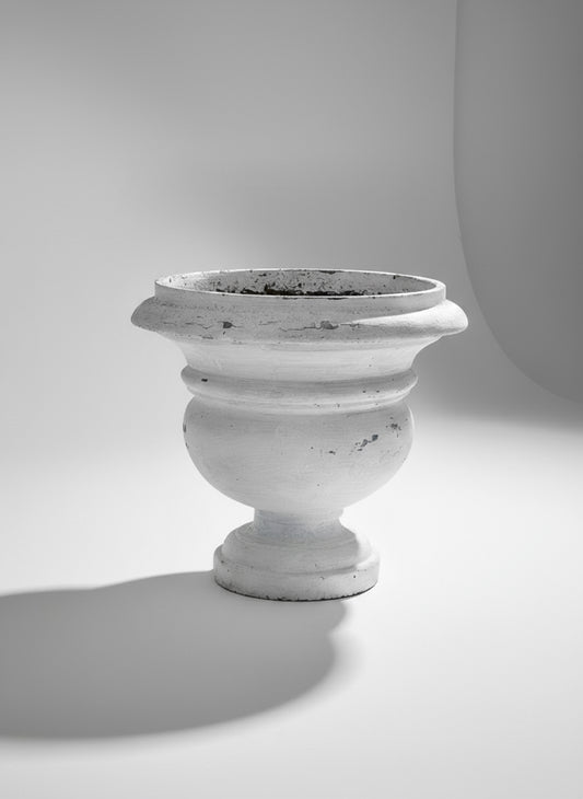 Vintage Willy Guhl white urn with distinctive weathered patina, an oversized 21-inch planter showcasing Swiss mid-century design and timeless craftsmanship — Hommes and Gardens, Pots and Vessels Collection, Planters, Garden Decor, Designer Concrete, Mid Century Modern, Vintage Swiss Design, Architectural Accent, Outdoor Living, Collectible Home Decor.