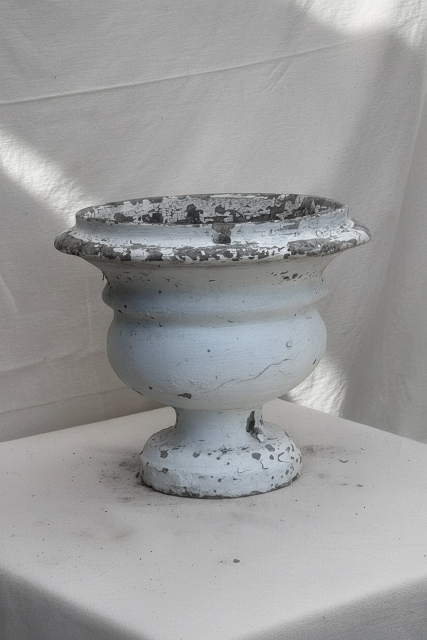 Willy Guhl vintage white urn in fiber cement with weathered patina and minimalist Swiss modernist design, collectible mid-century planter — Hommes and Gardens, Pots + Vessels Collection, Planters, Urns, Home Decor, landscape design, plant design, Landscape Architect, Interior Designer, Outdoor Living, Outdoor Decorations, Home Design, Luxury Design, Art, Furniture, Objects, Best Gifts, Nature, Backyard, Yard.