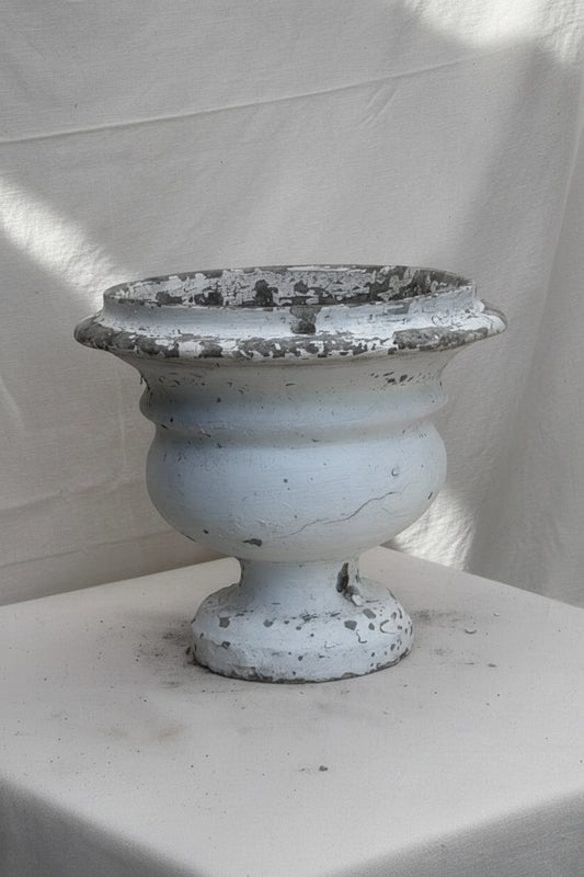 Willy Guhl vintage white urn in fiber cement with weathered patina and minimalist Swiss modernist design, collectible mid-century planter — Hommes and Gardens, Pots + Vessels Collection, Planters, Urns, Home Decor, landscape design, plant design, Landscape Architect, Interior Designer, Outdoor Living, Outdoor Decorations, Home Design, Luxury Design, Art, Furniture, Objects, Best Gifts, Nature, Backyard, Yard.