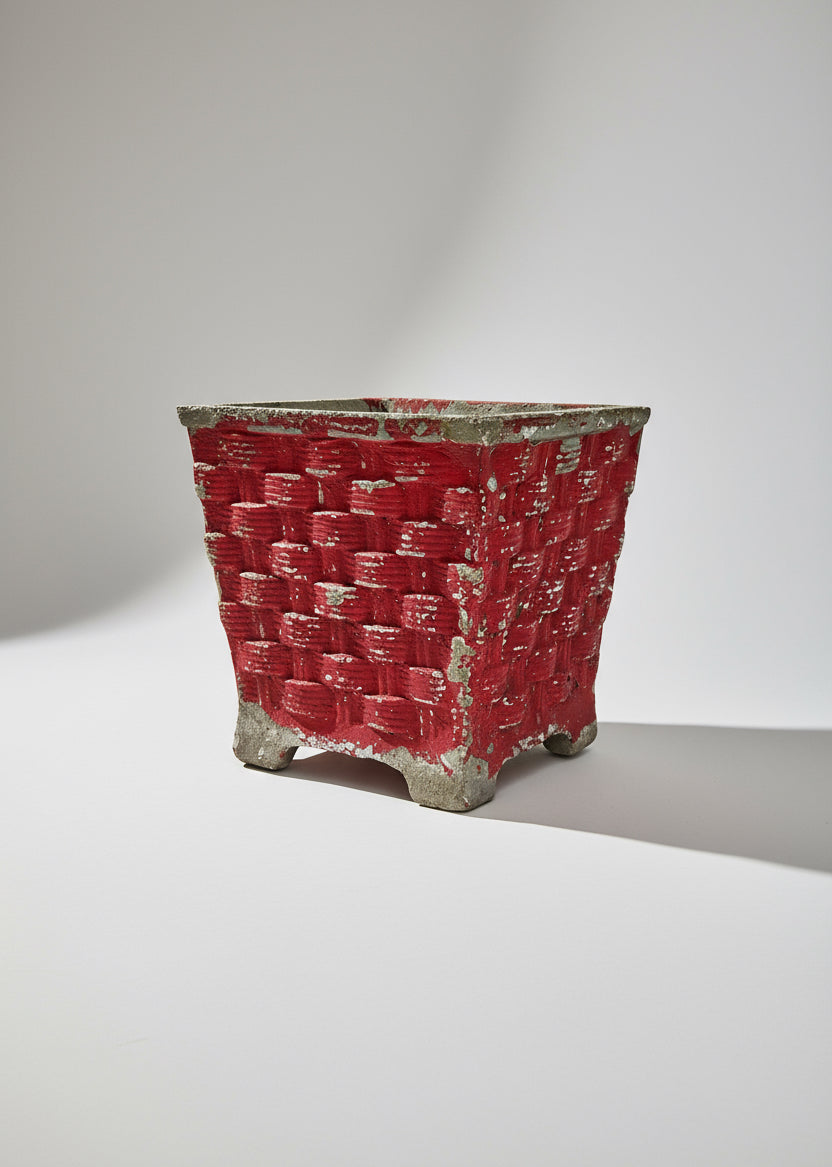 Willy Guhl woven planter in vintage red concrete with basketweave texture, iconic mid-century modern fiber cement design for garden or interior decor — Hommes and Gardens, Pots and Vessels Collection, Planters, Designer Decor, Outdoor Living, Mid Century Modern, Concrete Art, Vintage Garden Planter, Swiss Design, Collectible Home Accent.